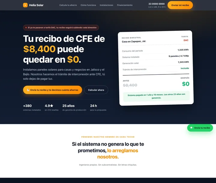 Helia Solar: página de demostración construida por AuraOS