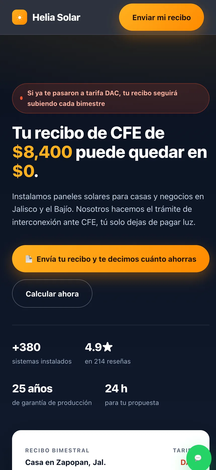 Página de la demostración Helia Solar vista en un celular