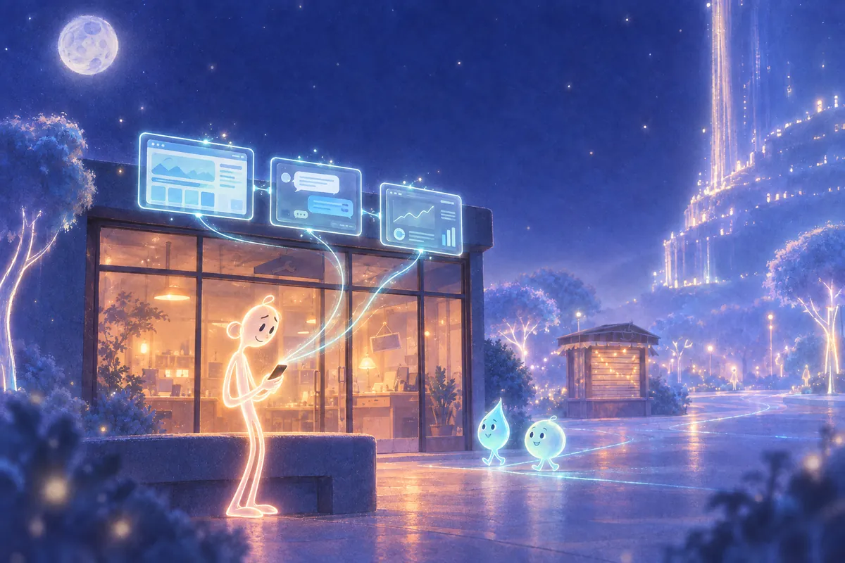 El mismo local de noche, con las luces encendidas, y tres pantallas flotantes con mensajes y números conectadas al teléfono de la figura, que sonríe