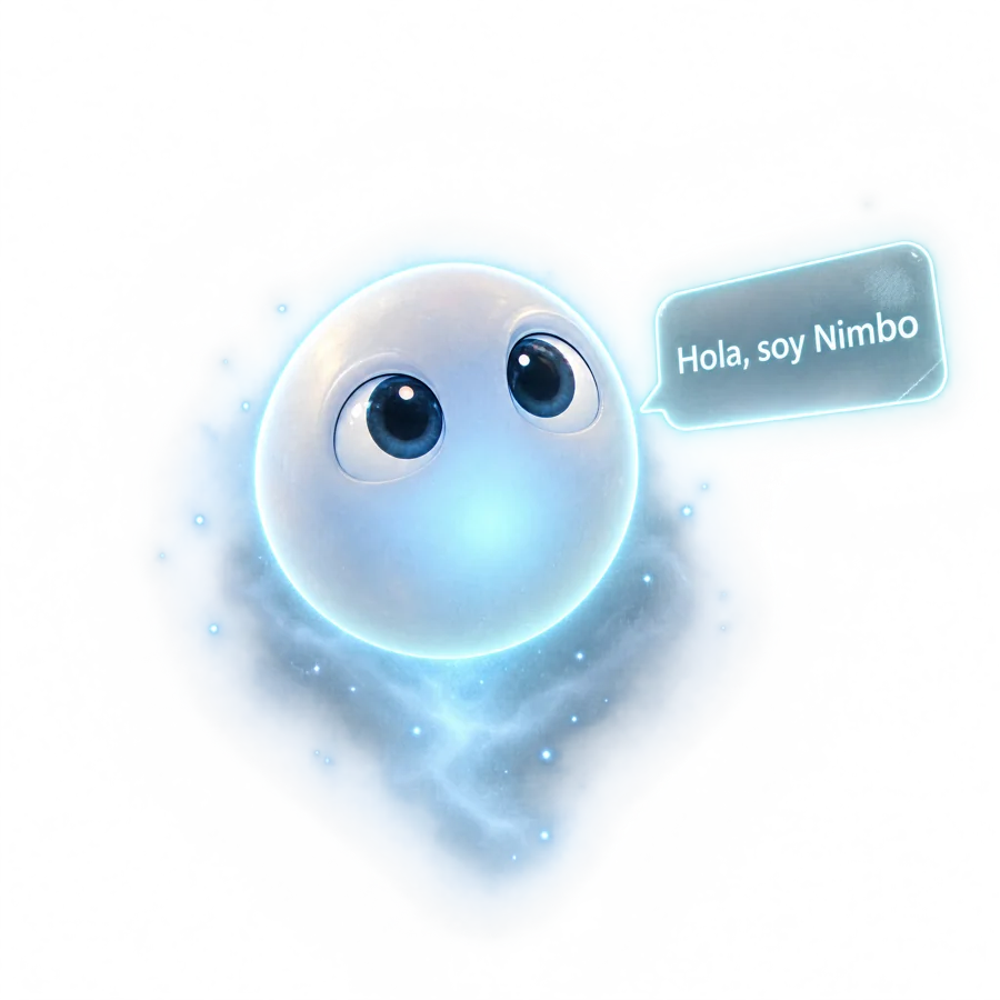 Un personaje luminoso de ojos grandes y un globo de texto que dice «Hola, soy Nimbo»