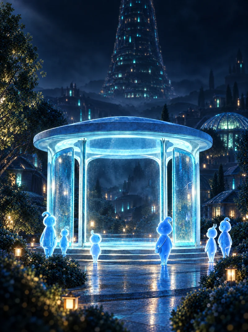 Un quiosco de cristal iluminado de noche con pequeñas figuras luminosas esperando alrededor